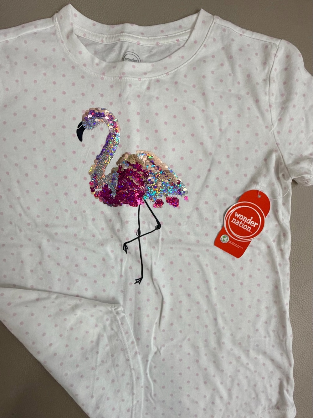 wonder nation White & Pink Polka Dot Short Sleeve Tee with Sequin Flamingo